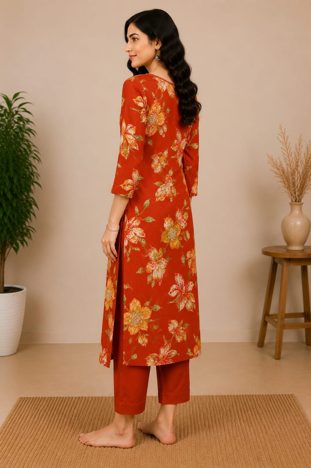 Rust Floral Printed Straight Kurta Set with Dupatta