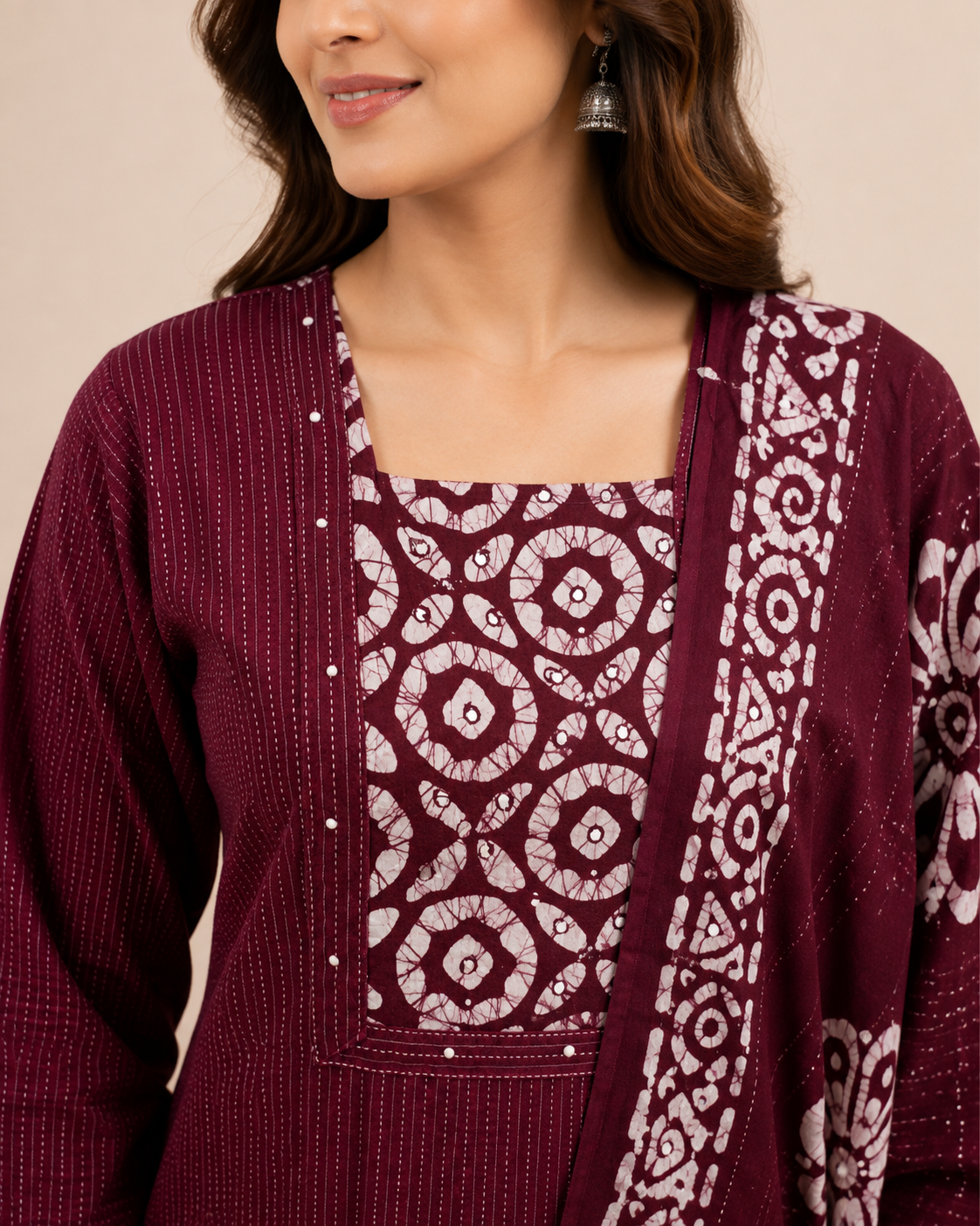 Wine Maroon Kantha-Style 3-Piece Kurta Set