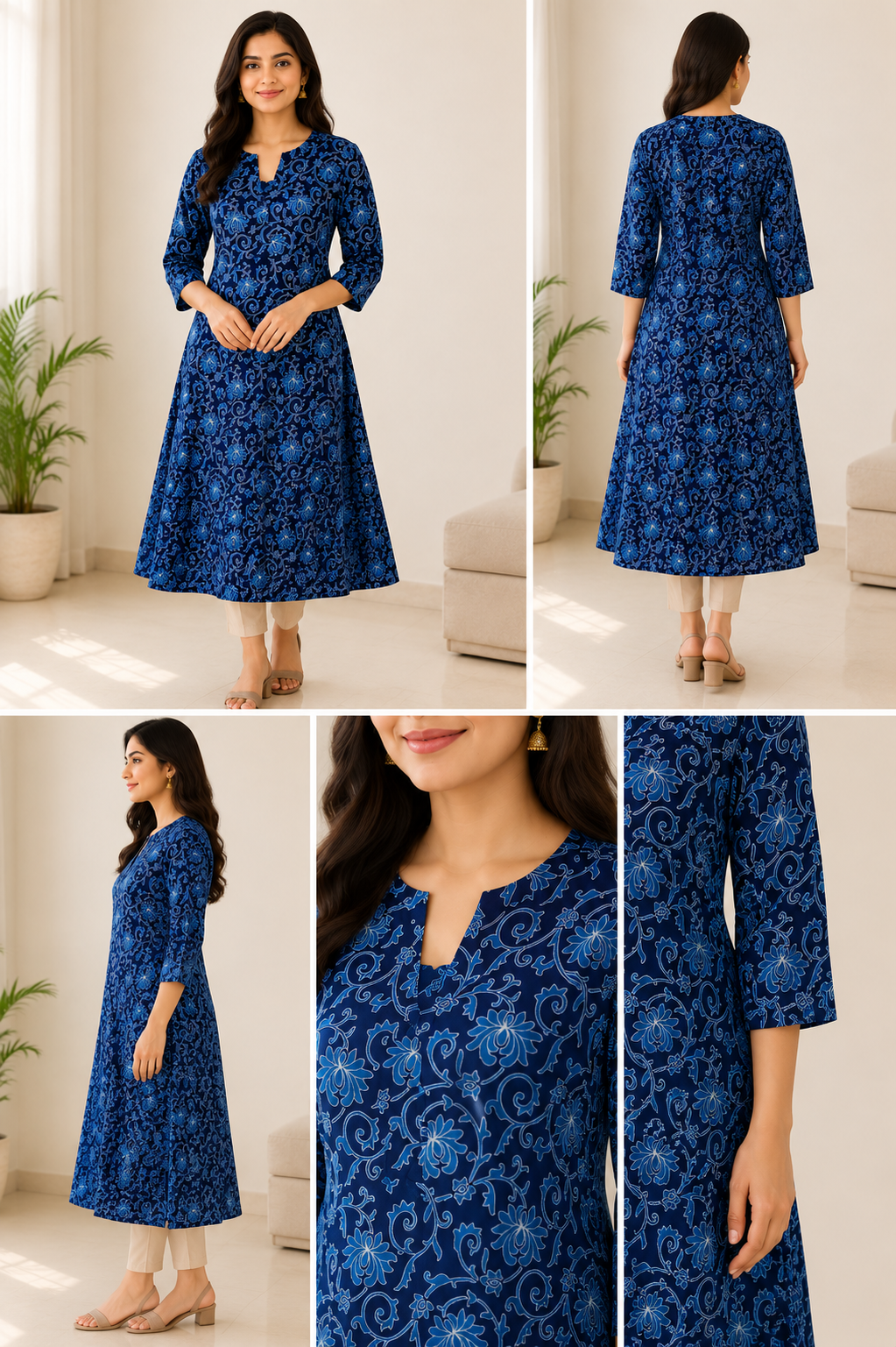 Blue Floral Printed A-Line Kurti