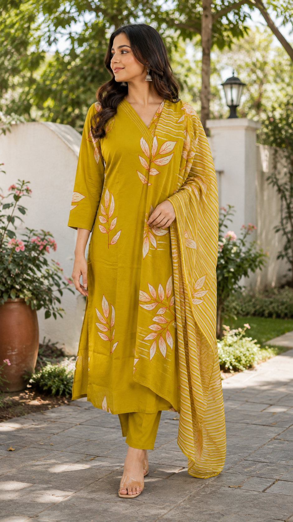 Dark Pista Green Leaf Print 3-Piece Set