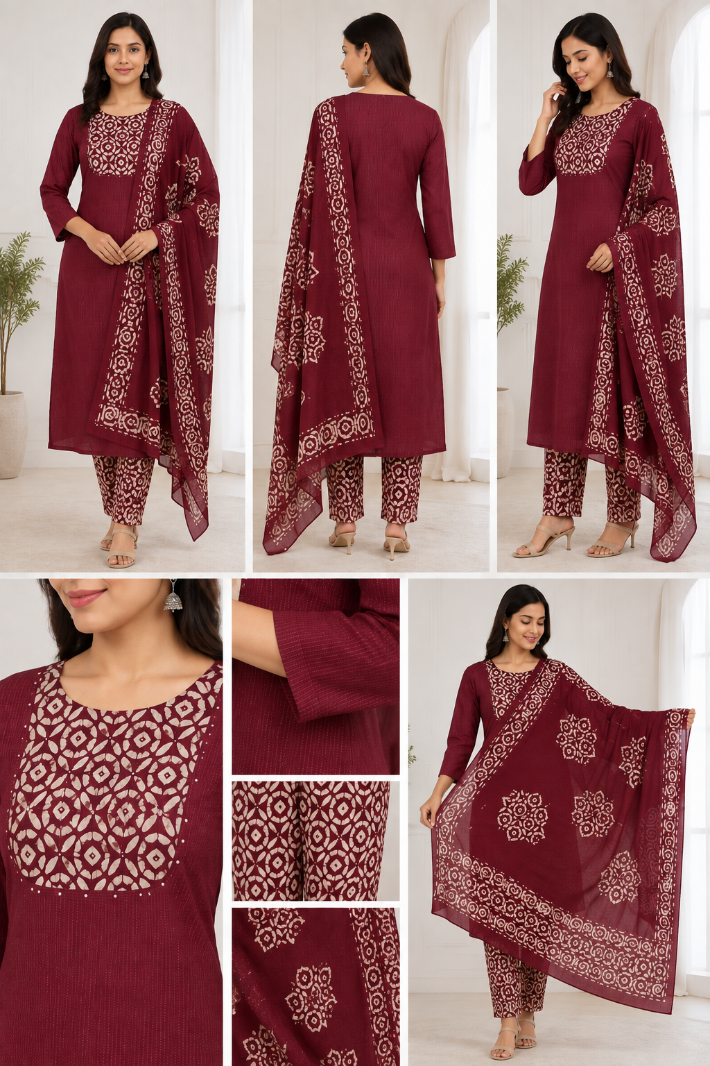 Wine Maroon Kantha-Style 3-Piece Kurta Set