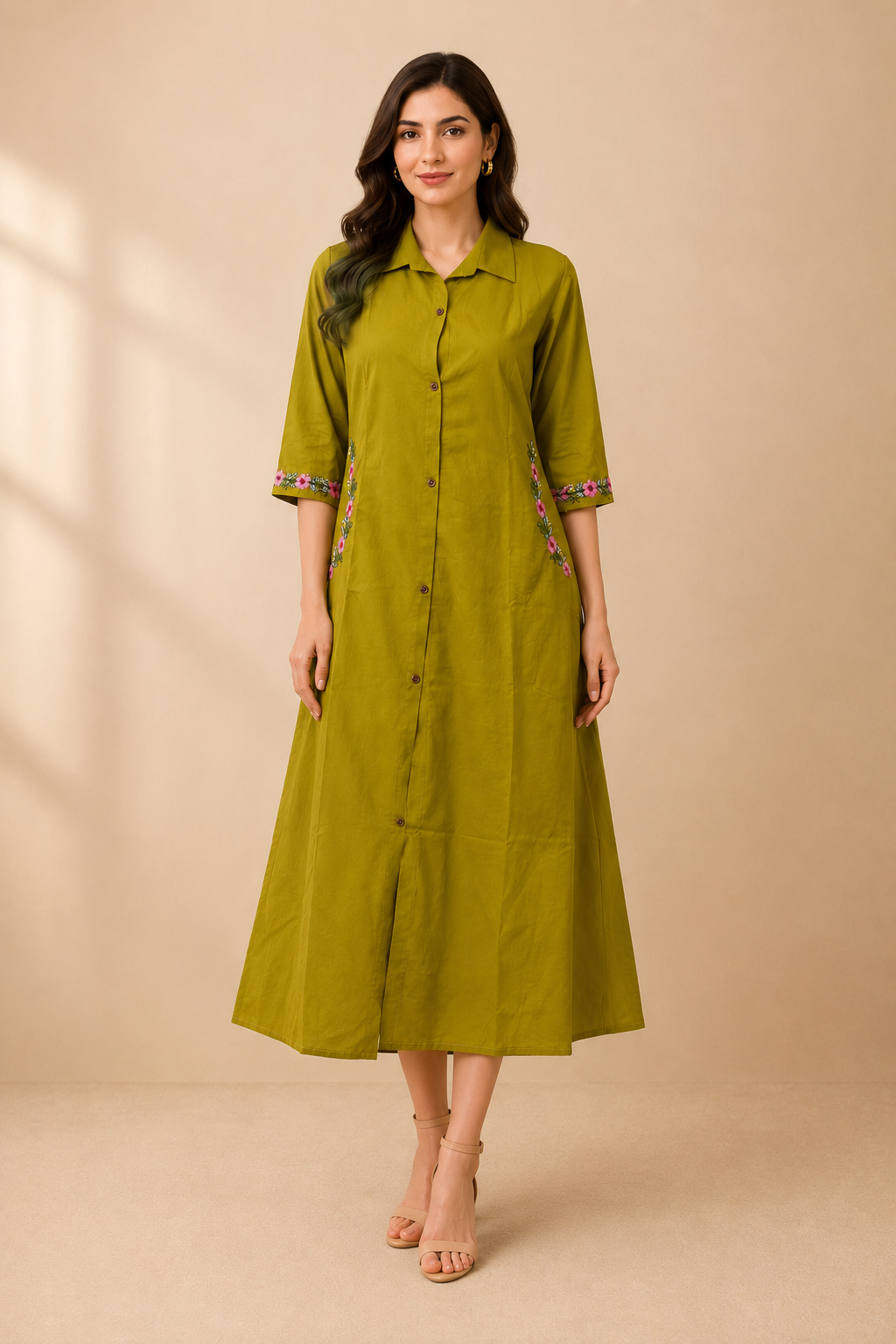 Olive Green Floral Embroidered A-Line Kurta