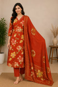 Rust Floral Printed Straight Kurta Set with Dupatta