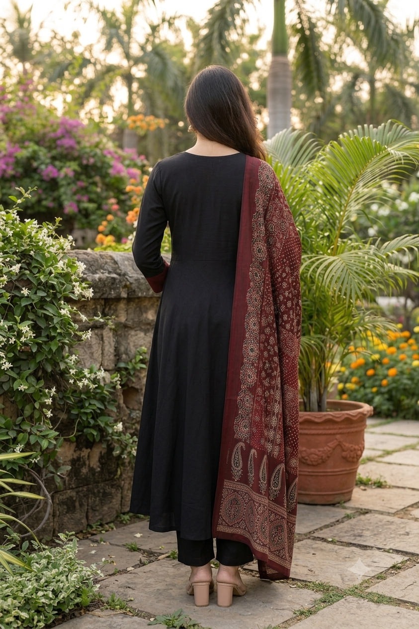 Black A-Line Kurta Set with Printed Dupatta