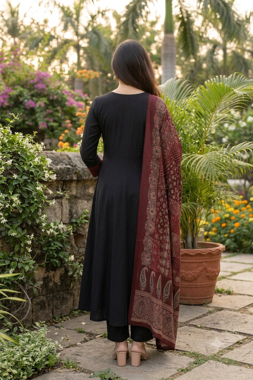 Black A-Line Kurta Set with Printed Dupatta