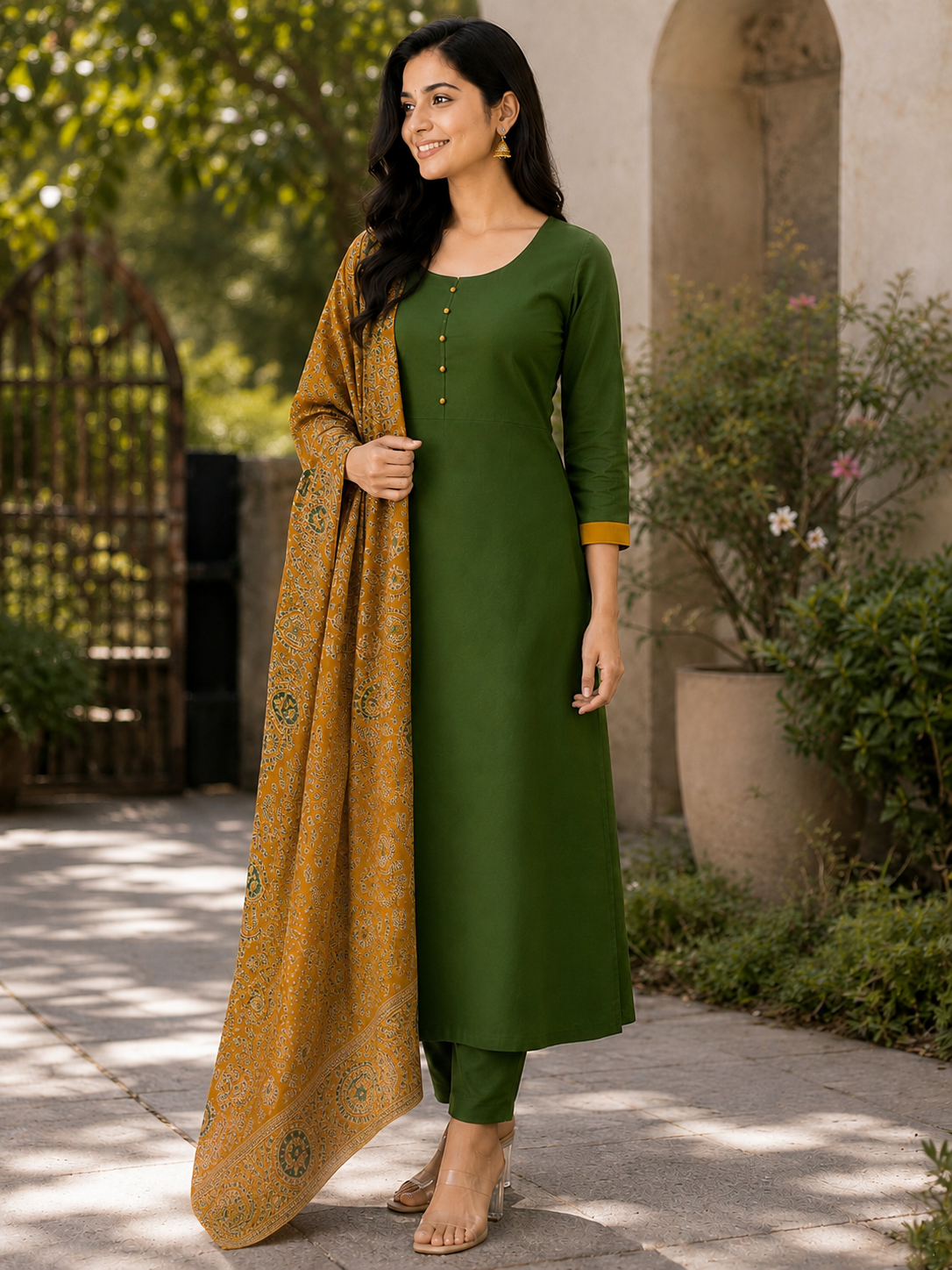 Green A-Line Kurta Set with Printed Dupatta