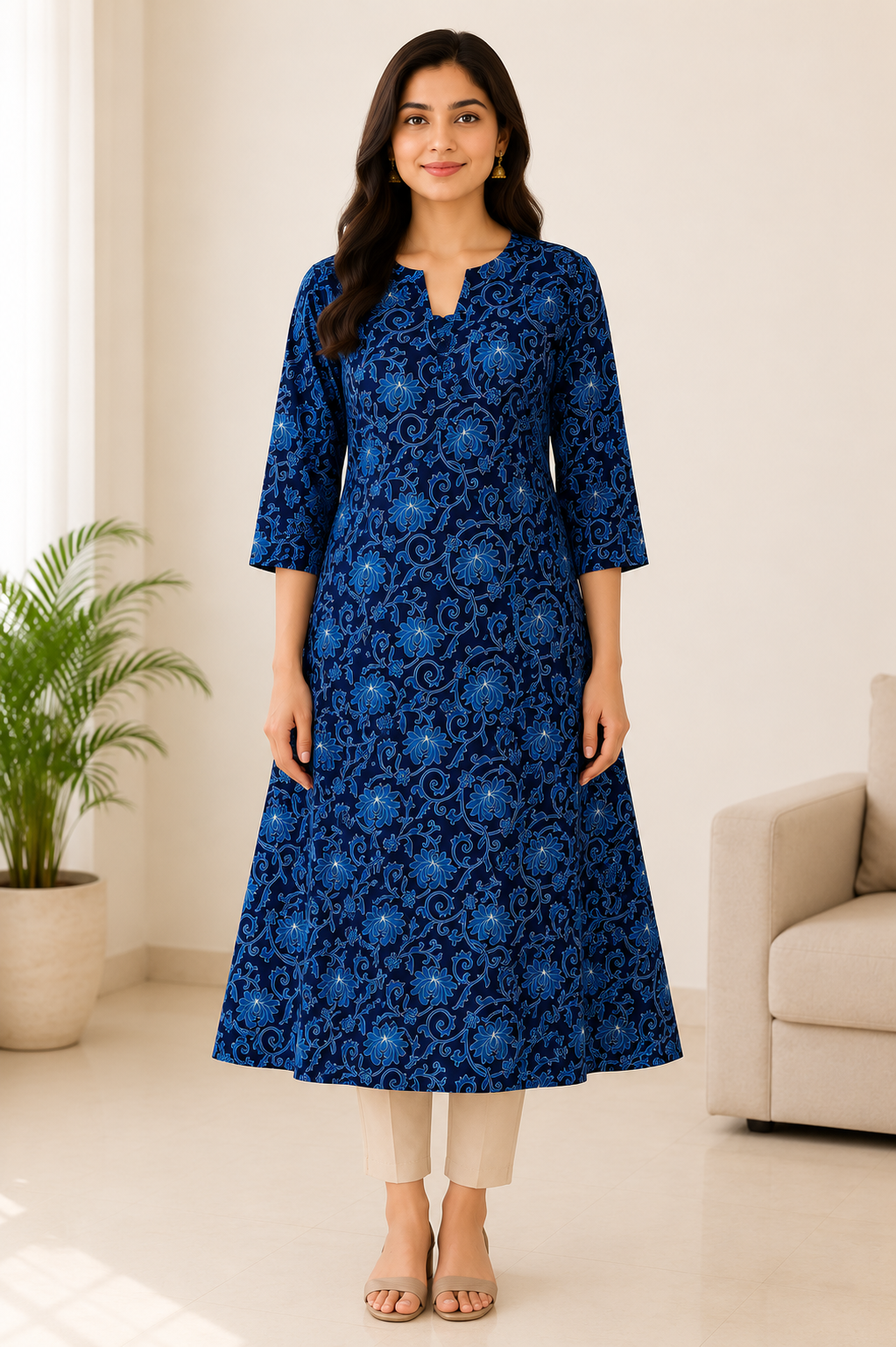 Blue Floral Printed A-Line Kurti