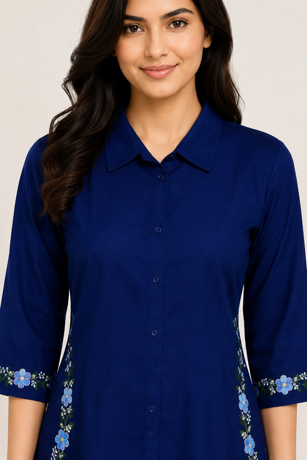 Royal Navy Blue Floral Embroidered A-Line Kurta