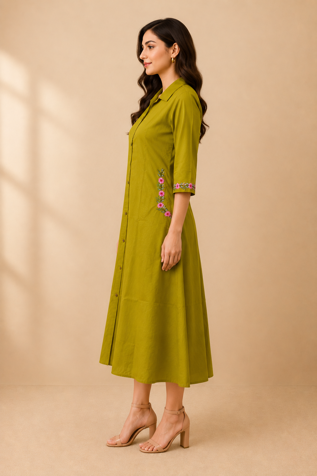 Olive Green Floral Embroidered A-Line Kurta