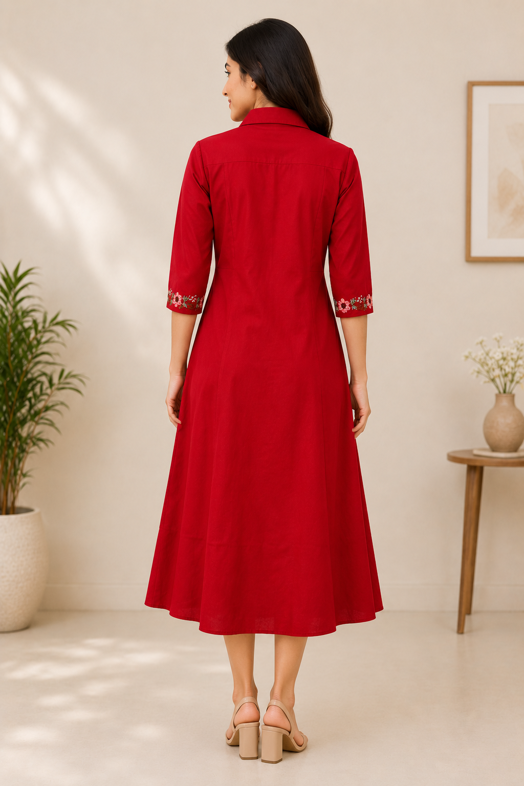 Red Floral Embroidered A-Line Kurta