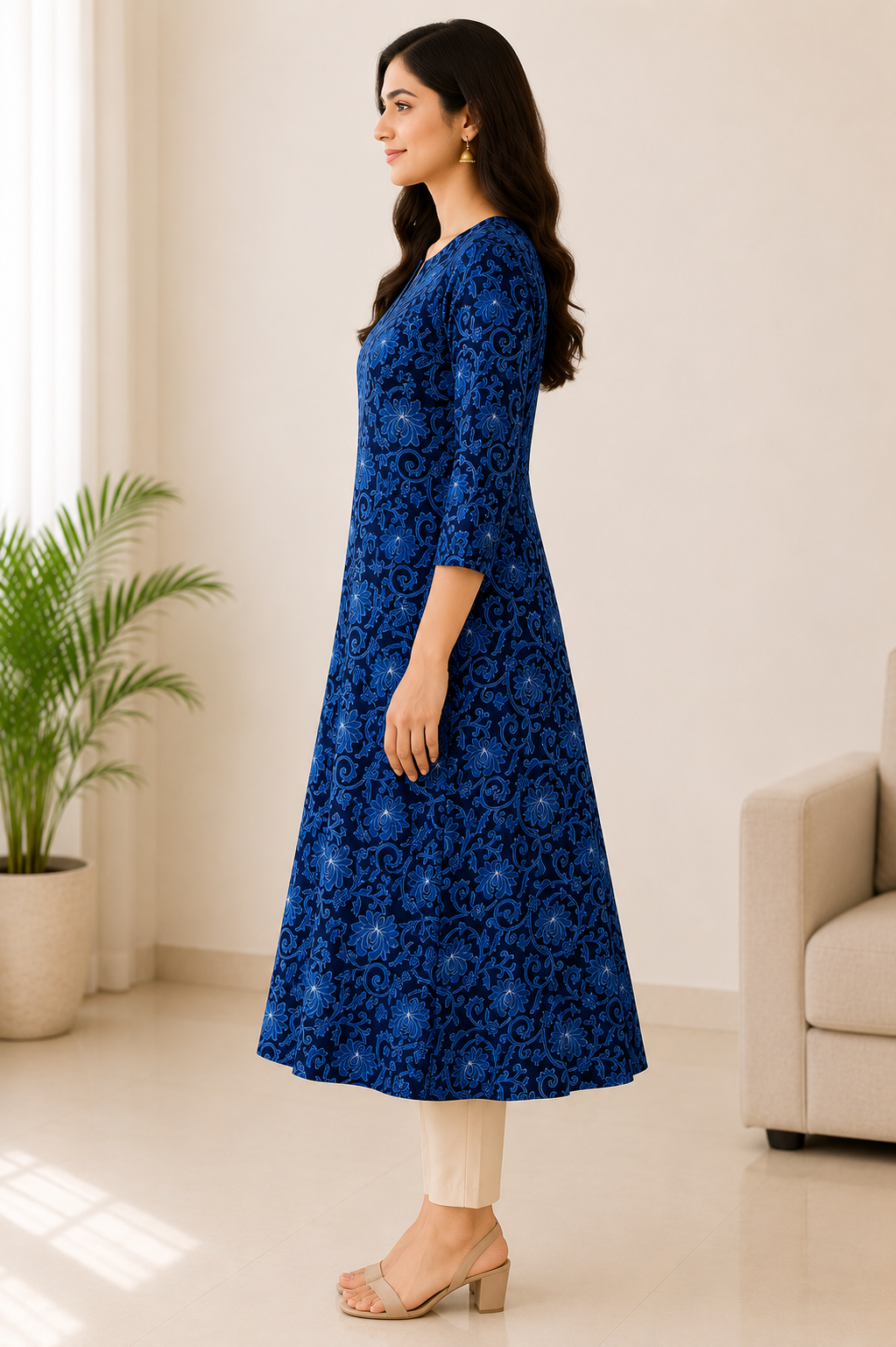 Blue Floral Printed A-Line Kurti