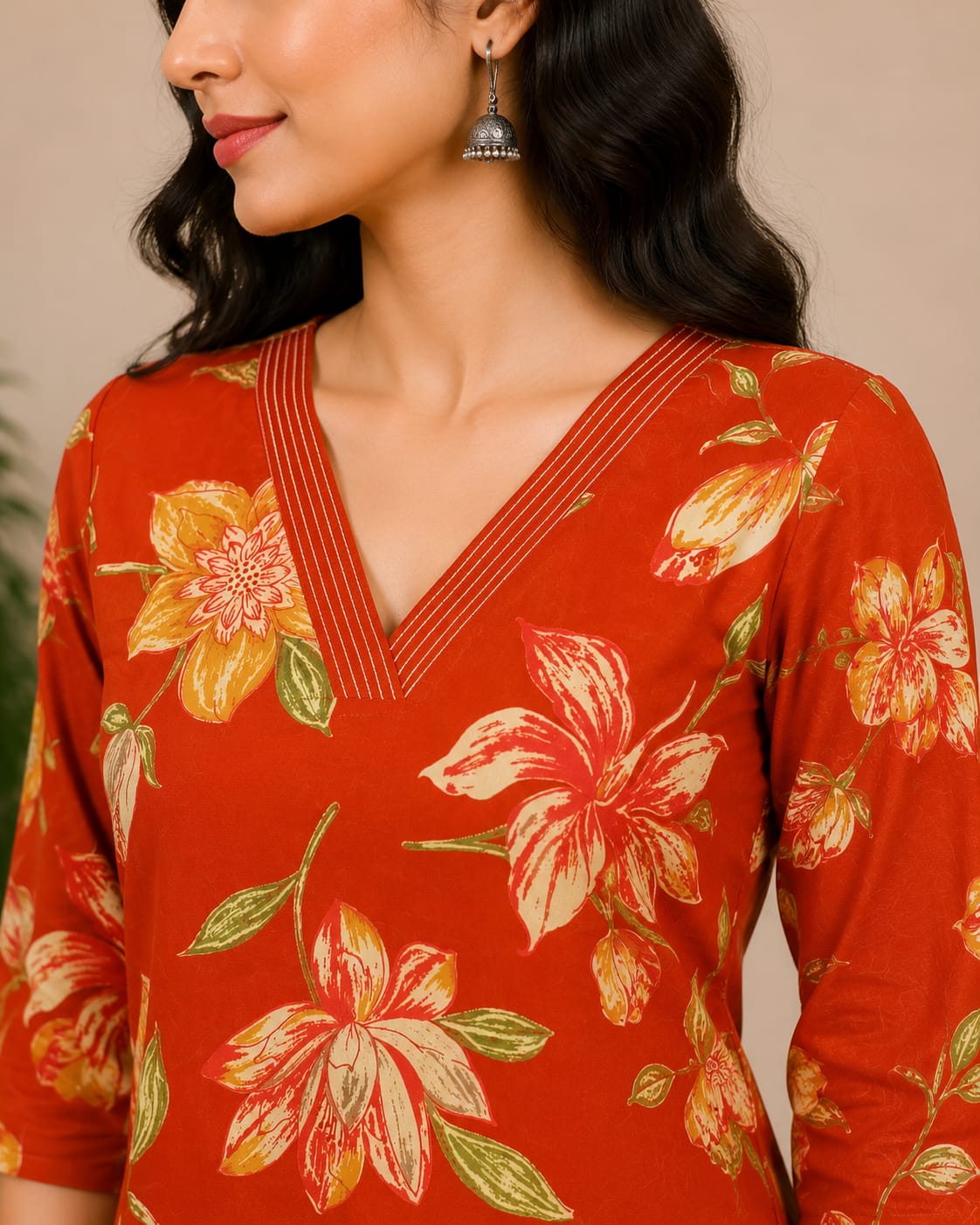 Rust Floral Printed Straight Kurta Set with Dupatta