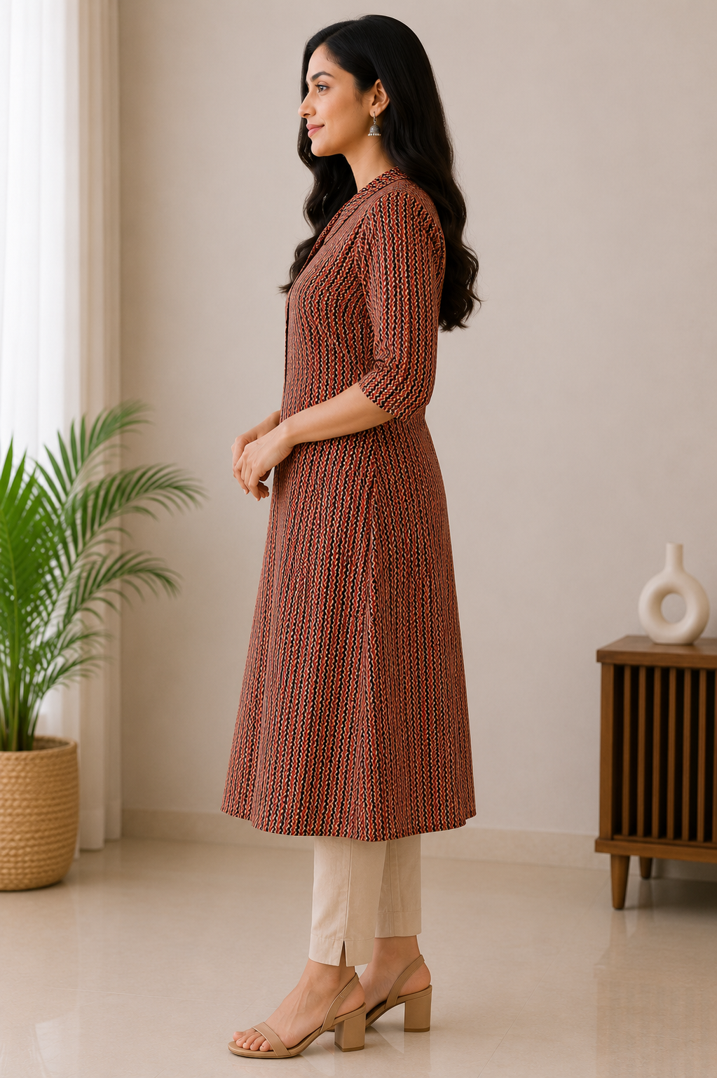 Rust Printed A-Line Kurti