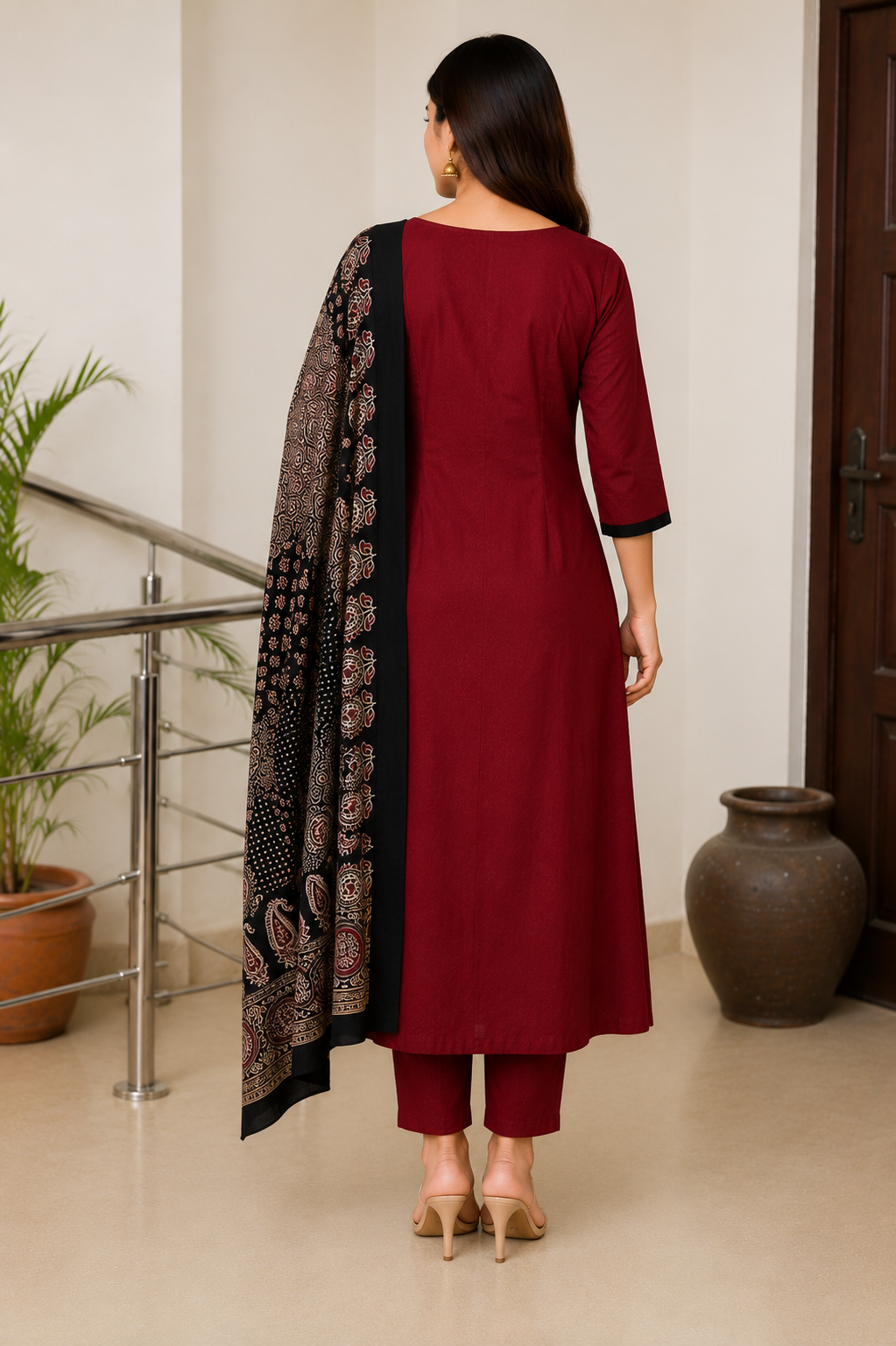 Maroon A-Line Kurta Set with Printed Dupatta