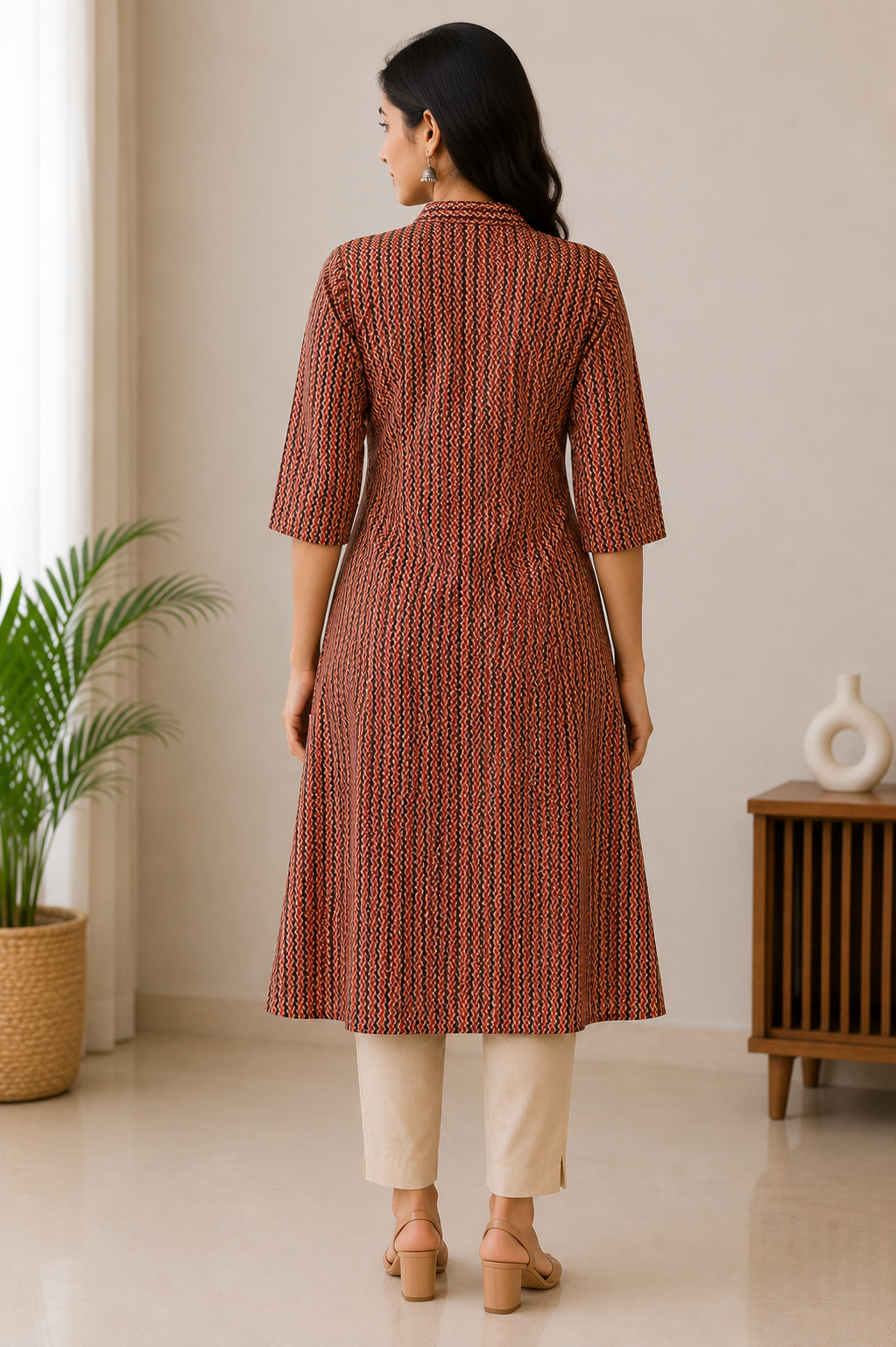 Rust Printed A-Line Kurti