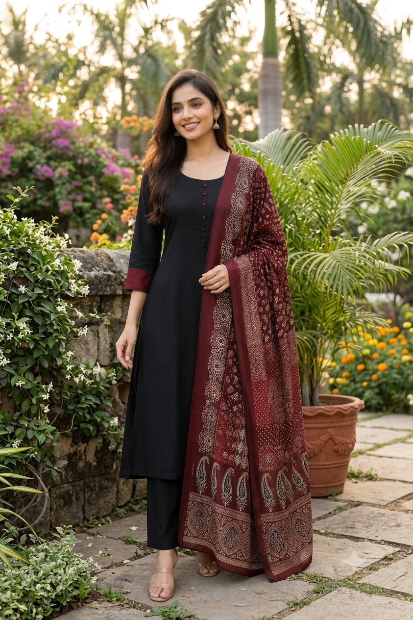 Black A-Line Kurta Set with Printed Dupatta