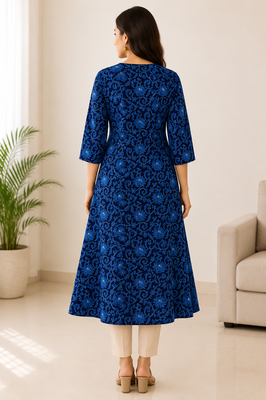 Blue Floral Printed A-Line Kurti