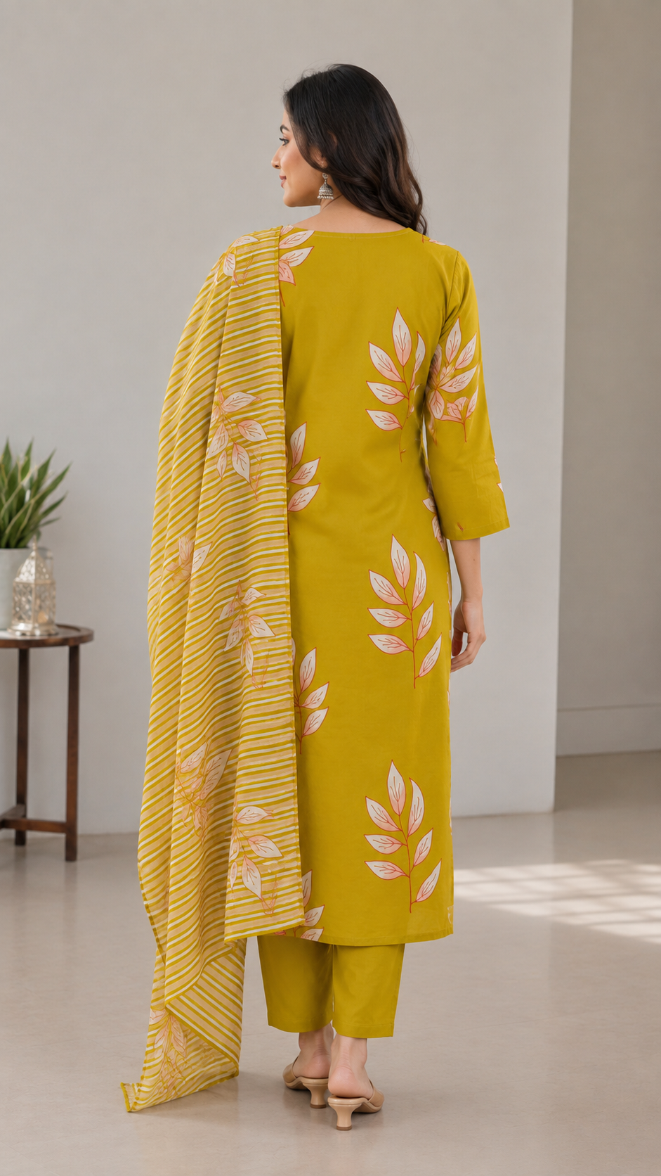 Dark Pista Green Leaf Print 3-Piece Set
