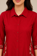 Red Floral Embroidered A-Line Kurta