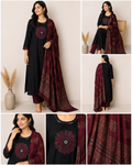 Black & Maroon Floral Embroidered 3-Piece Kurta Set with Printed Dupatta