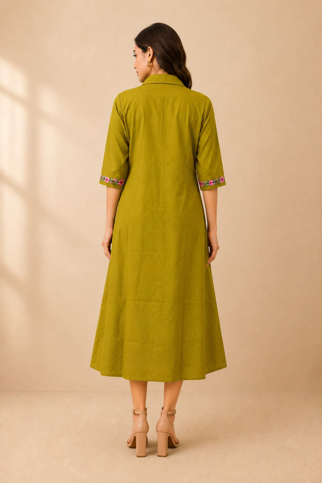 Olive Green Floral Embroidered A-Line Kurta
