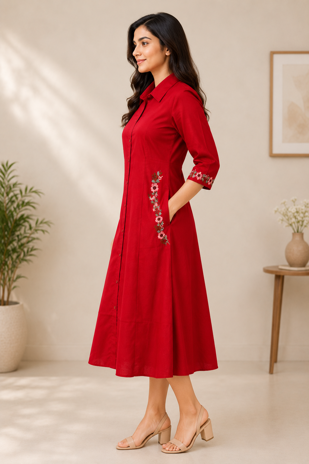 Red Floral Embroidered A-Line Kurta