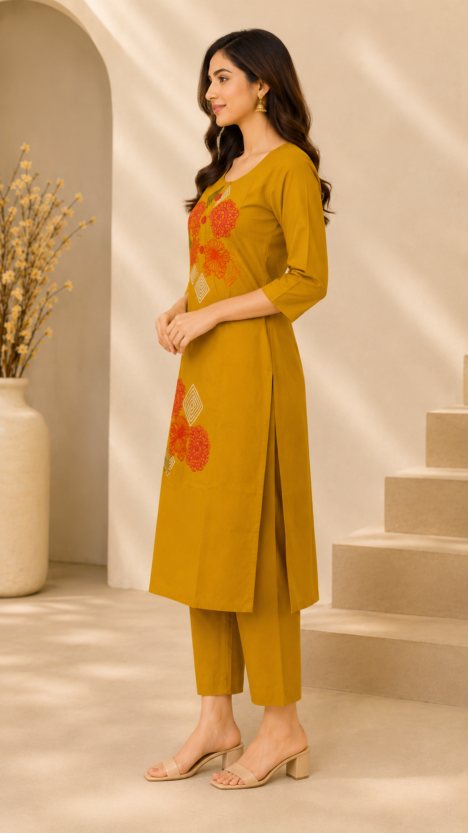 Mustard Floral Embroidered Cotton Co-Ord Set
