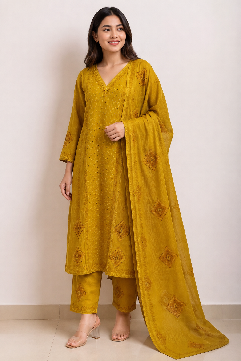 Mustard Yellow Embroidered 3-Piece Churidar Set