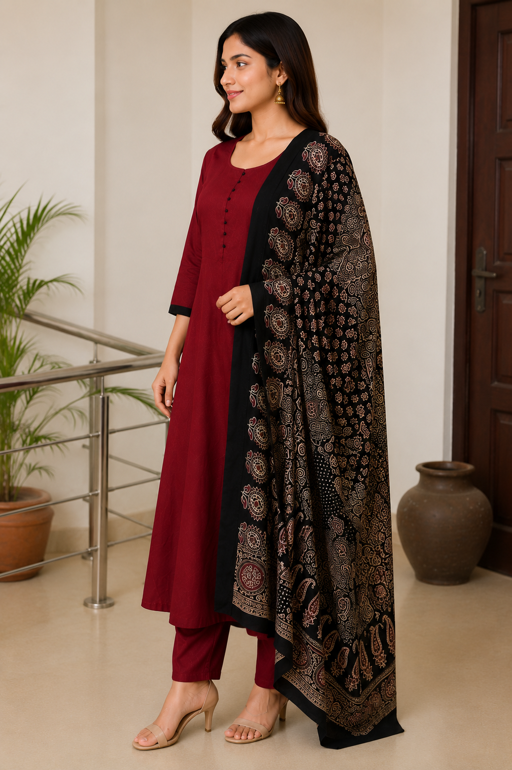 Maroon A-Line Kurta Set with Printed Dupatta
