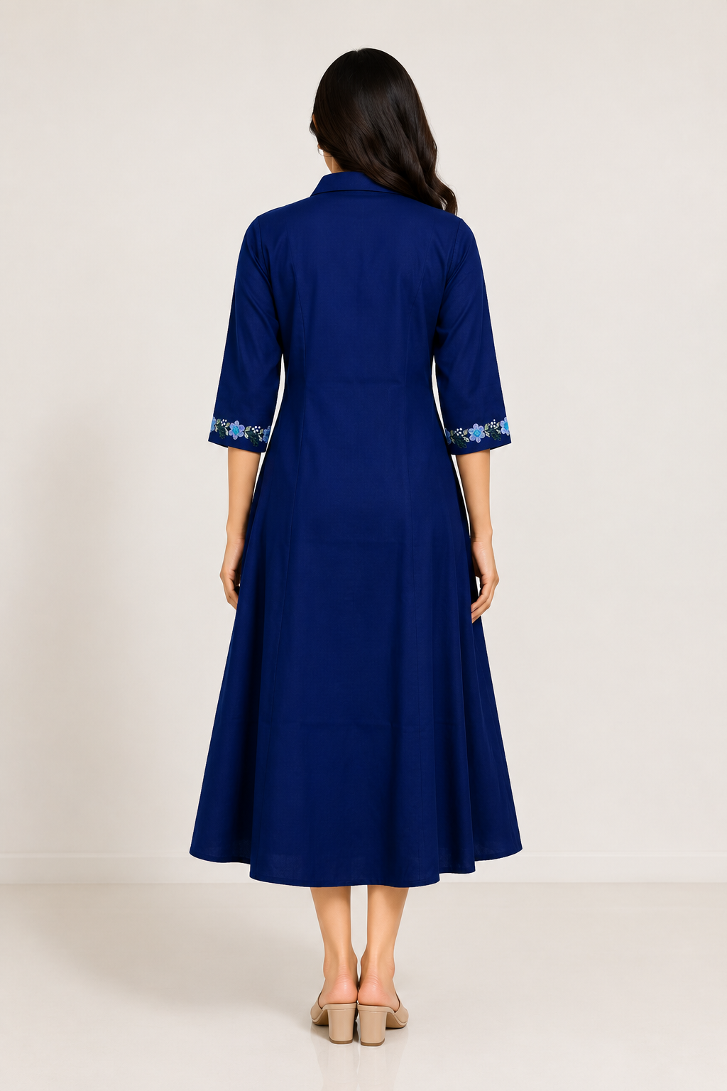 Royal Navy Blue Floral Embroidered A-Line Kurta
