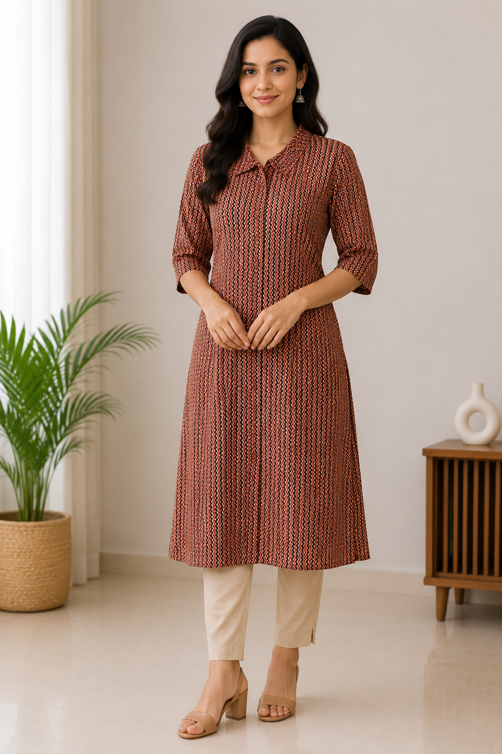 Rust Printed A-Line Kurti