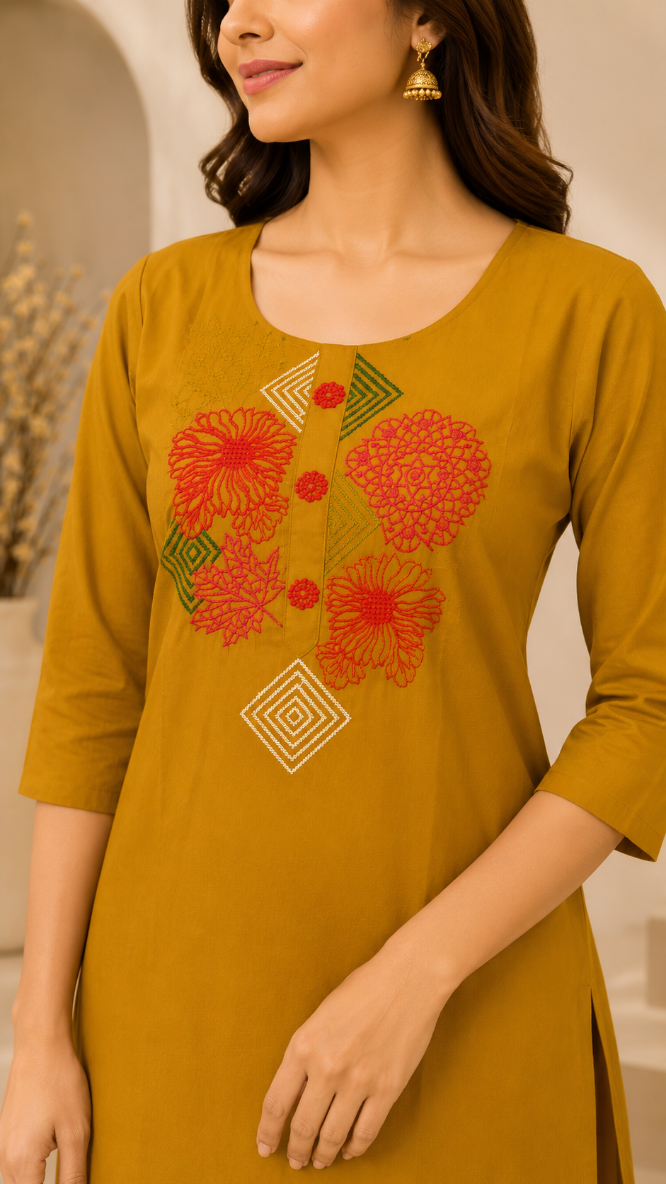 Mustard Floral Embroidered Cotton Co-Ord Set