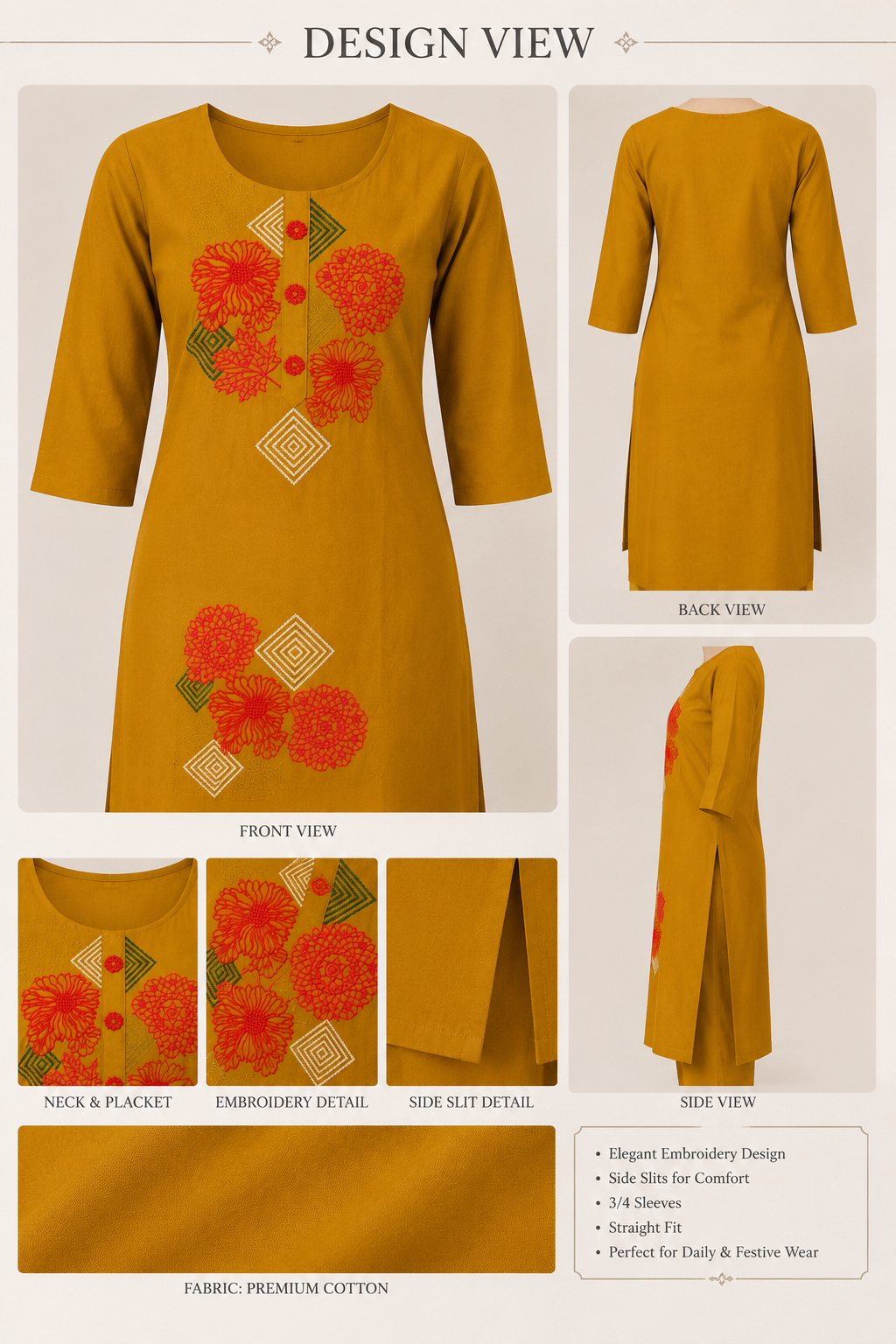 Mustard Floral Embroidered Cotton Co-Ord Set