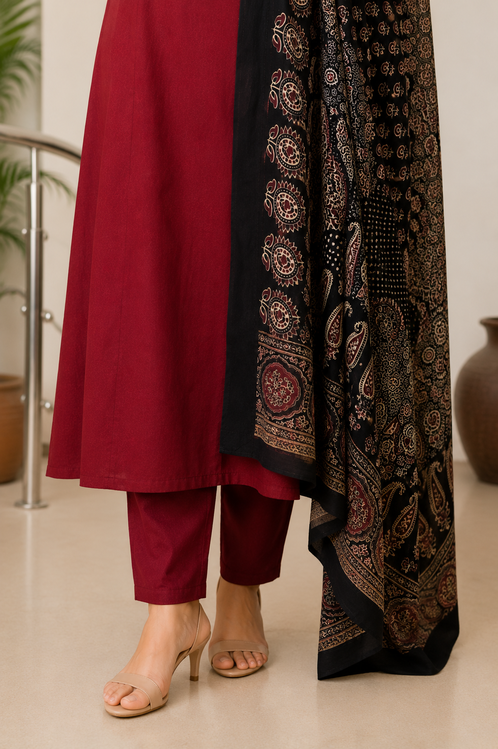 Maroon A-Line Kurta Set with Printed Dupatta