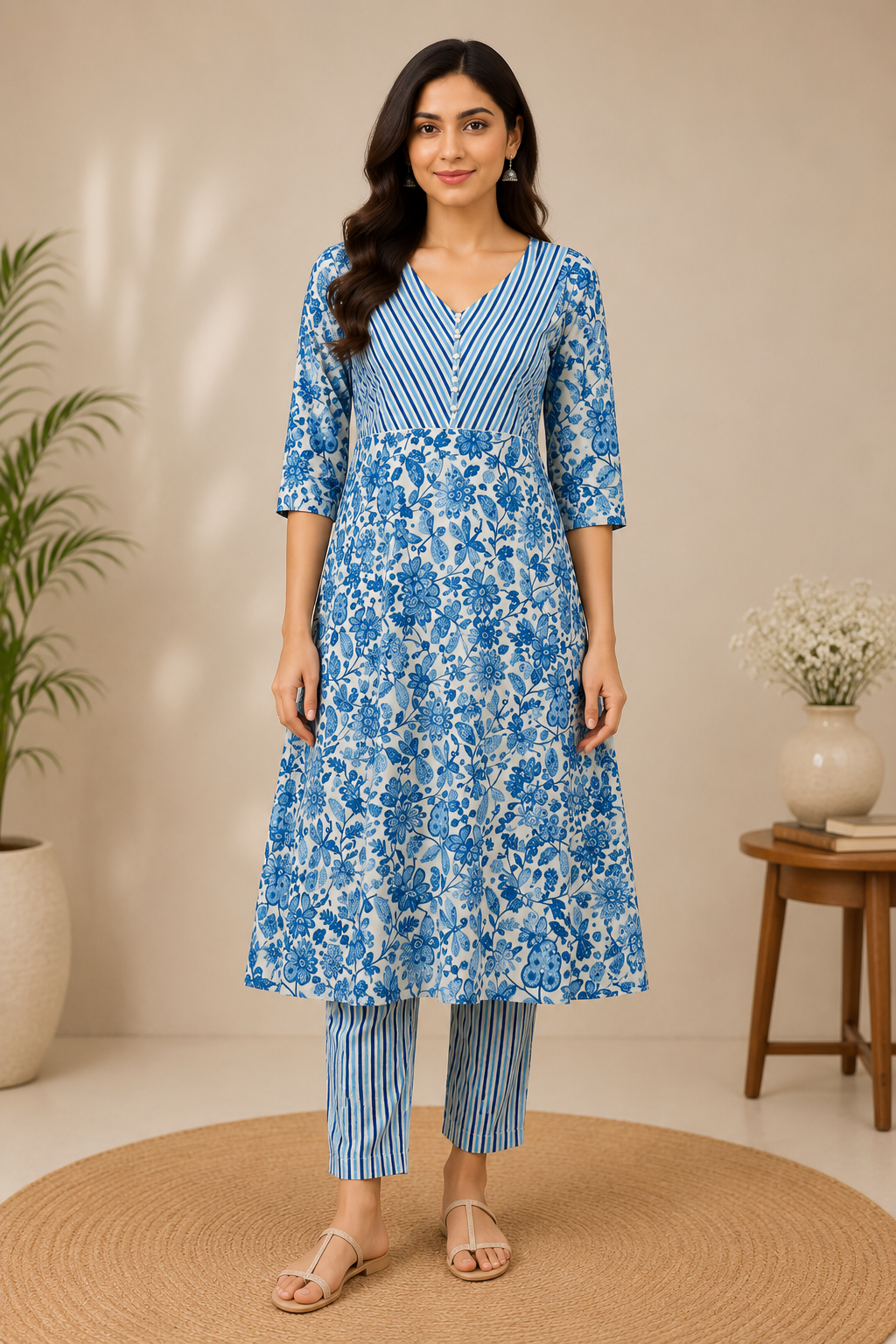 Blue & White Floral Printed Cotton A-Line Kurta with Striped Yoke and Pants Set