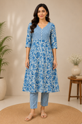 Blue & White Floral Printed Cotton A-Line Kurta with Striped Yoke and Pants Set