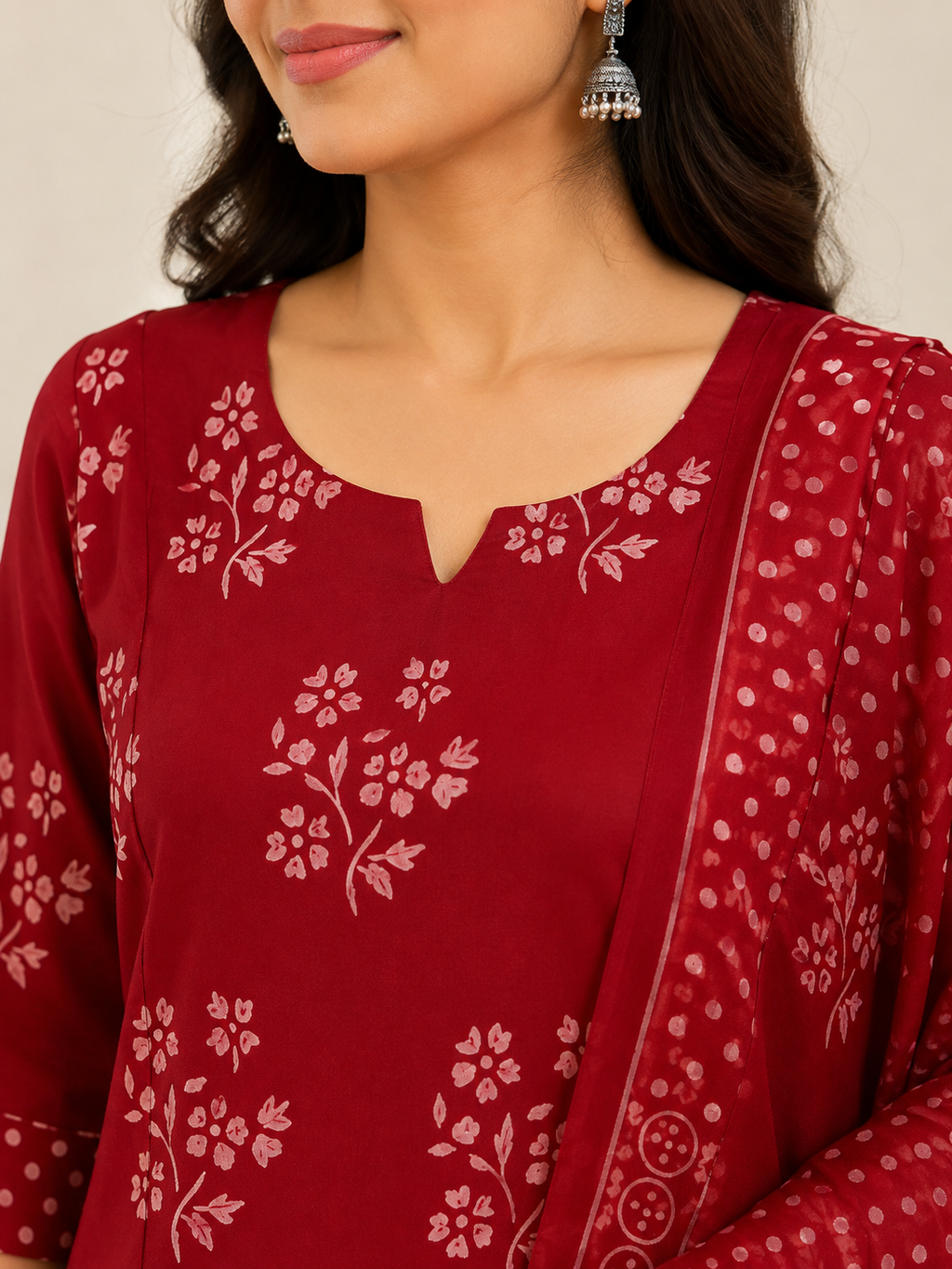 Brick Red Floral Printed A-Line Panel Cut Churidar Set