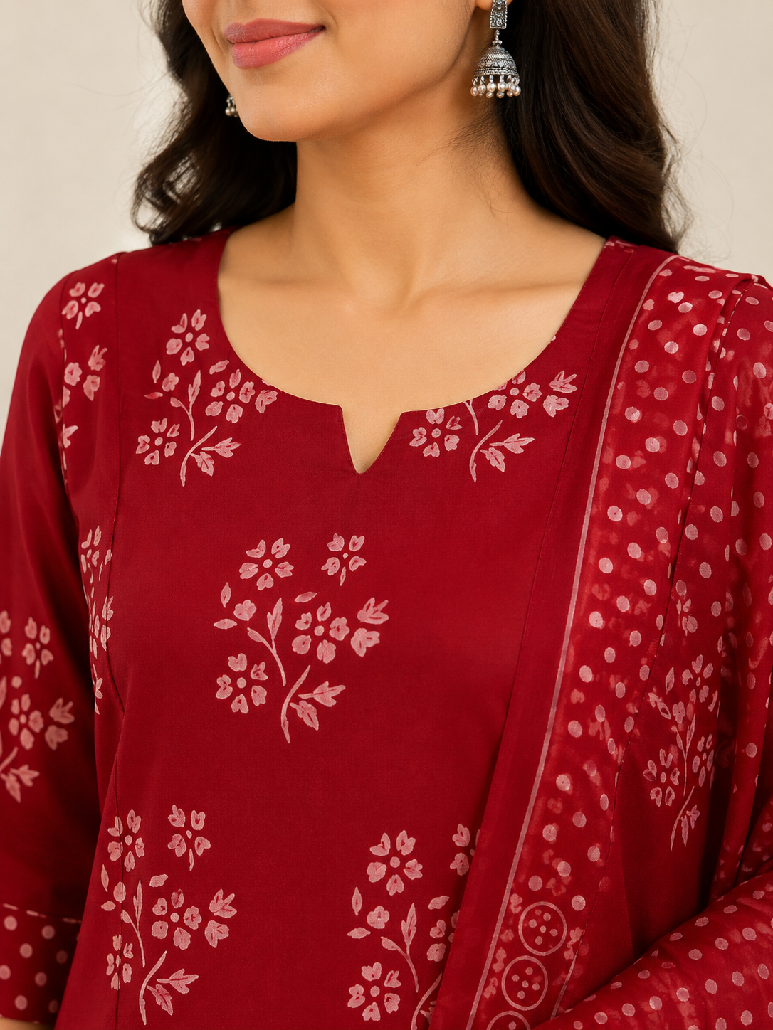 Brick Red Floral Printed A-Line Panel Cut Churidar Set