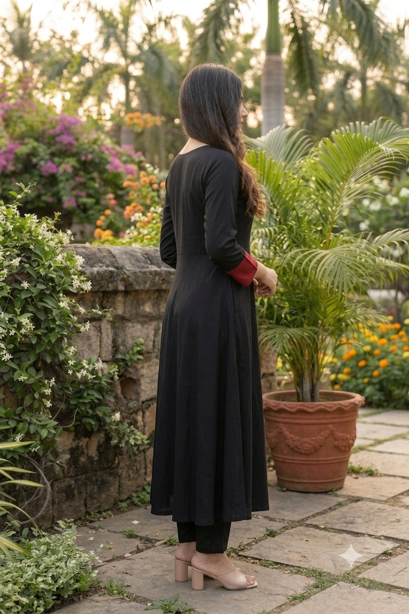 Black A-Line Kurta Set with Printed Dupatta