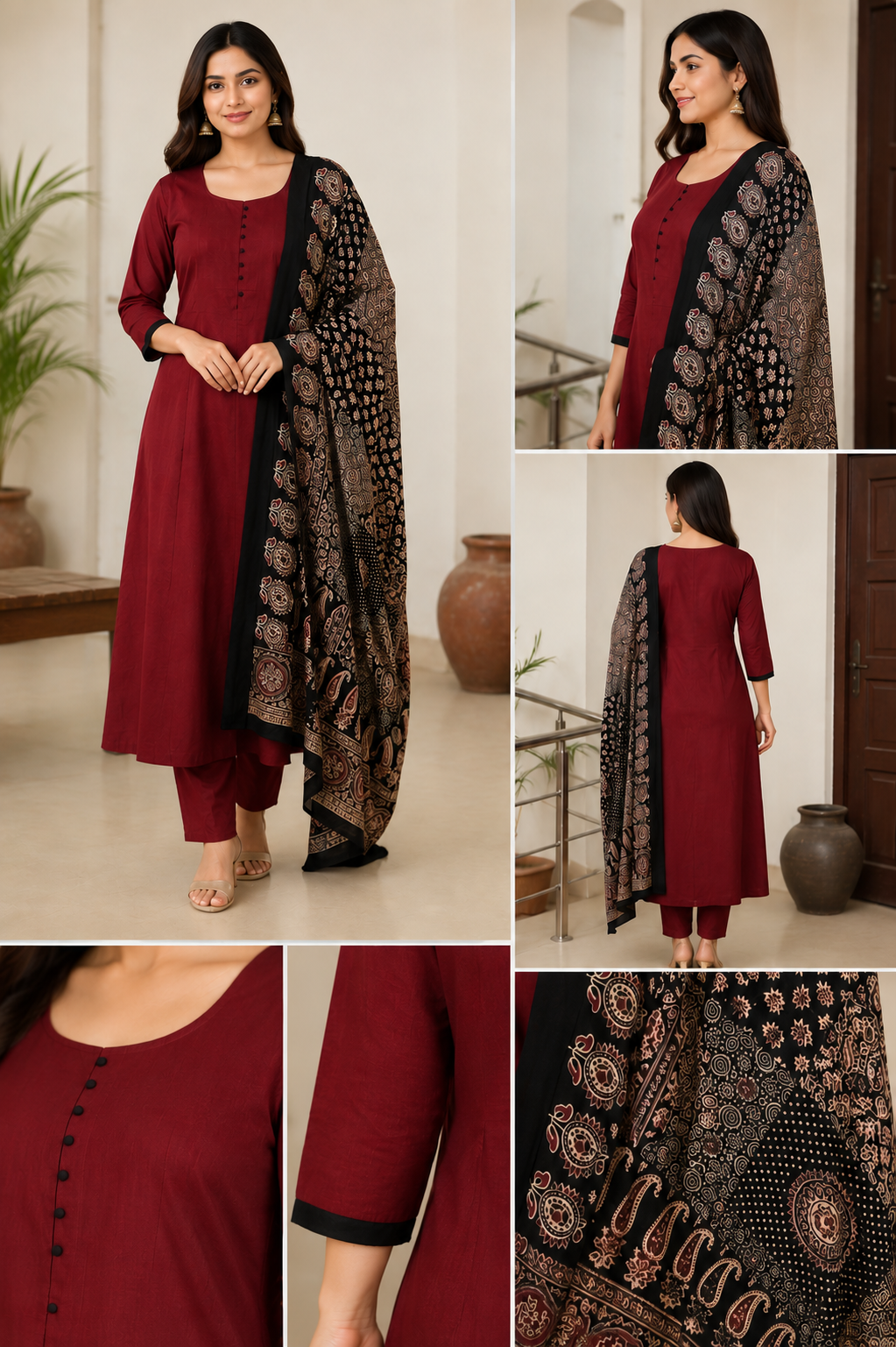 Maroon A-Line Kurta Set with Printed Dupatta