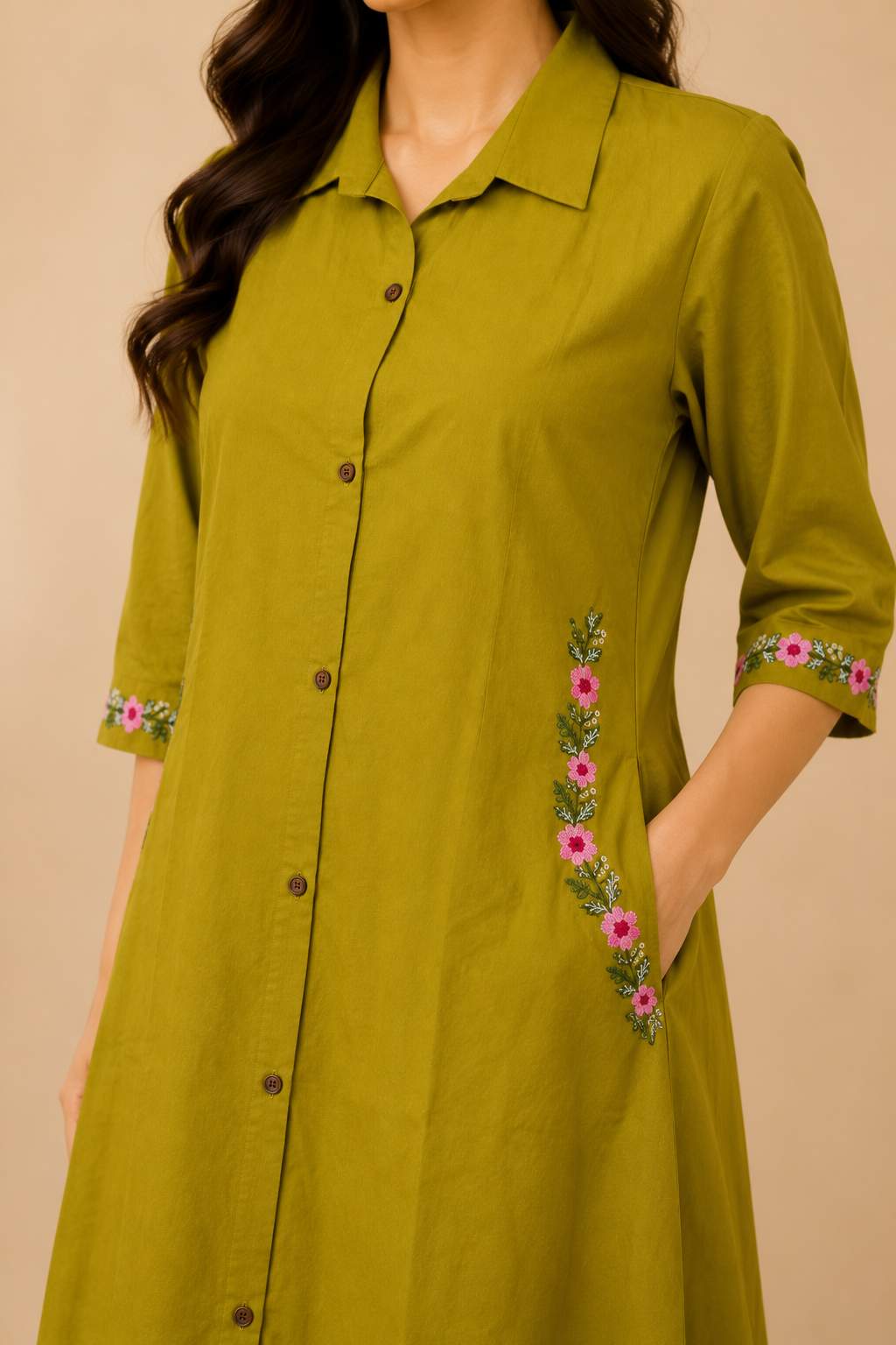 Olive Green Floral Embroidered A-Line Kurta