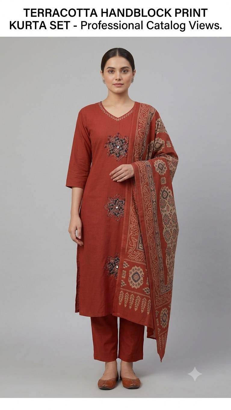 Burnt Terracotta Printed 3-Piece Kurta Set with Dupatta