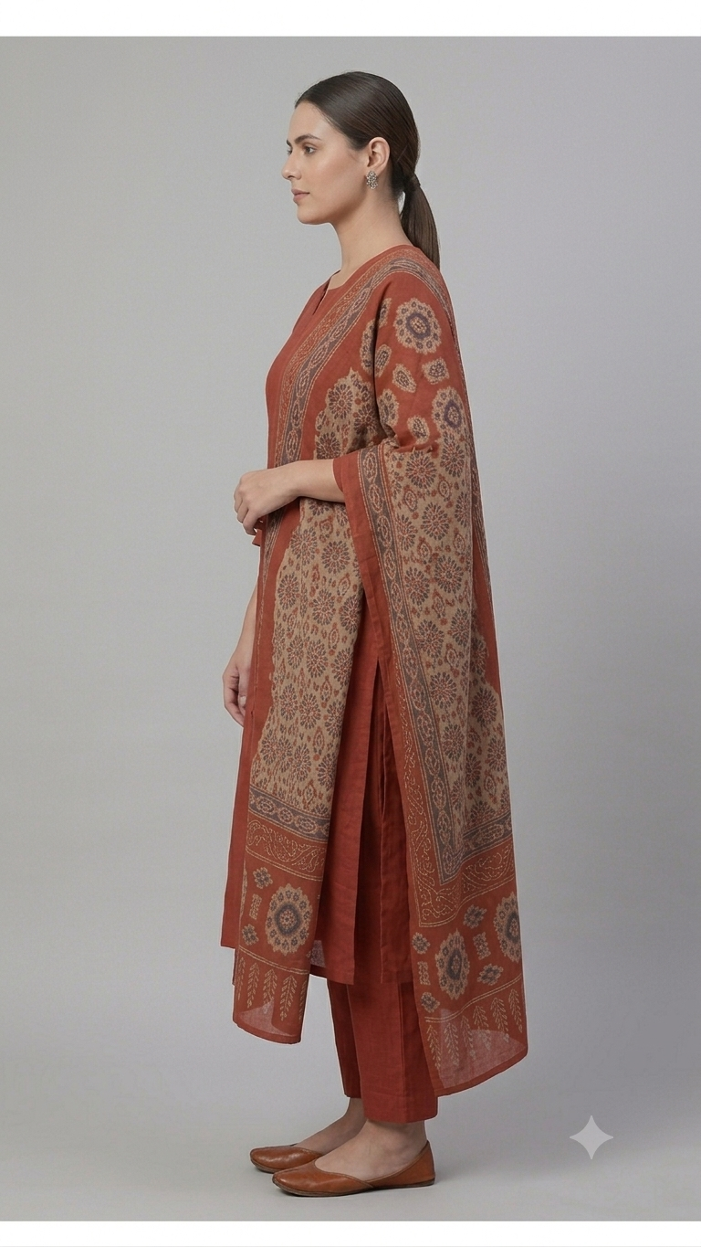Burnt Terracotta Printed 3-Piece Kurta Set with Dupatta
