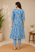 Blue & White Floral Printed Cotton A-Line Kurta with Striped Yoke and Pants Set