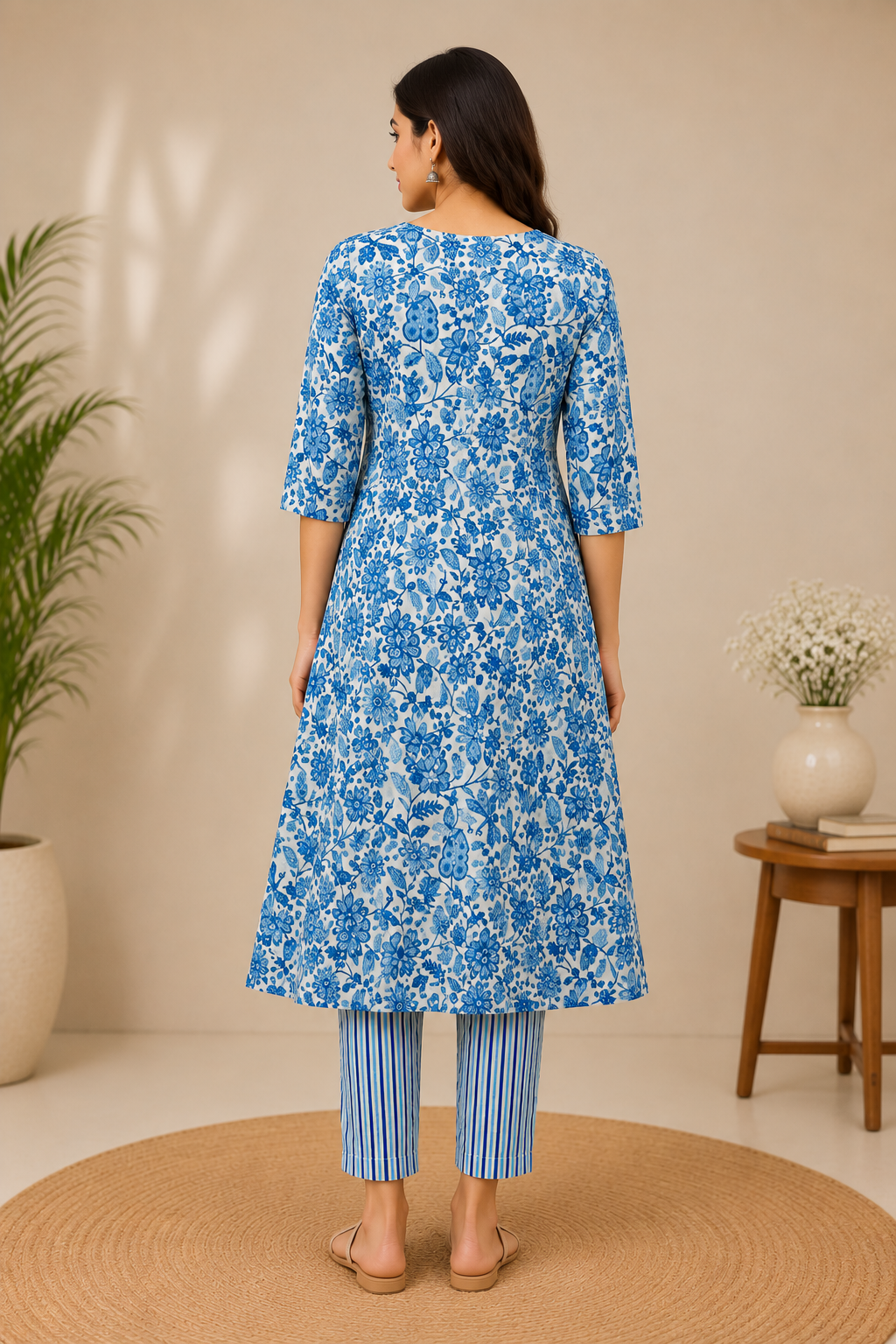 Blue & White Floral Printed Cotton A-Line Kurta with Striped Yoke and Pants Set