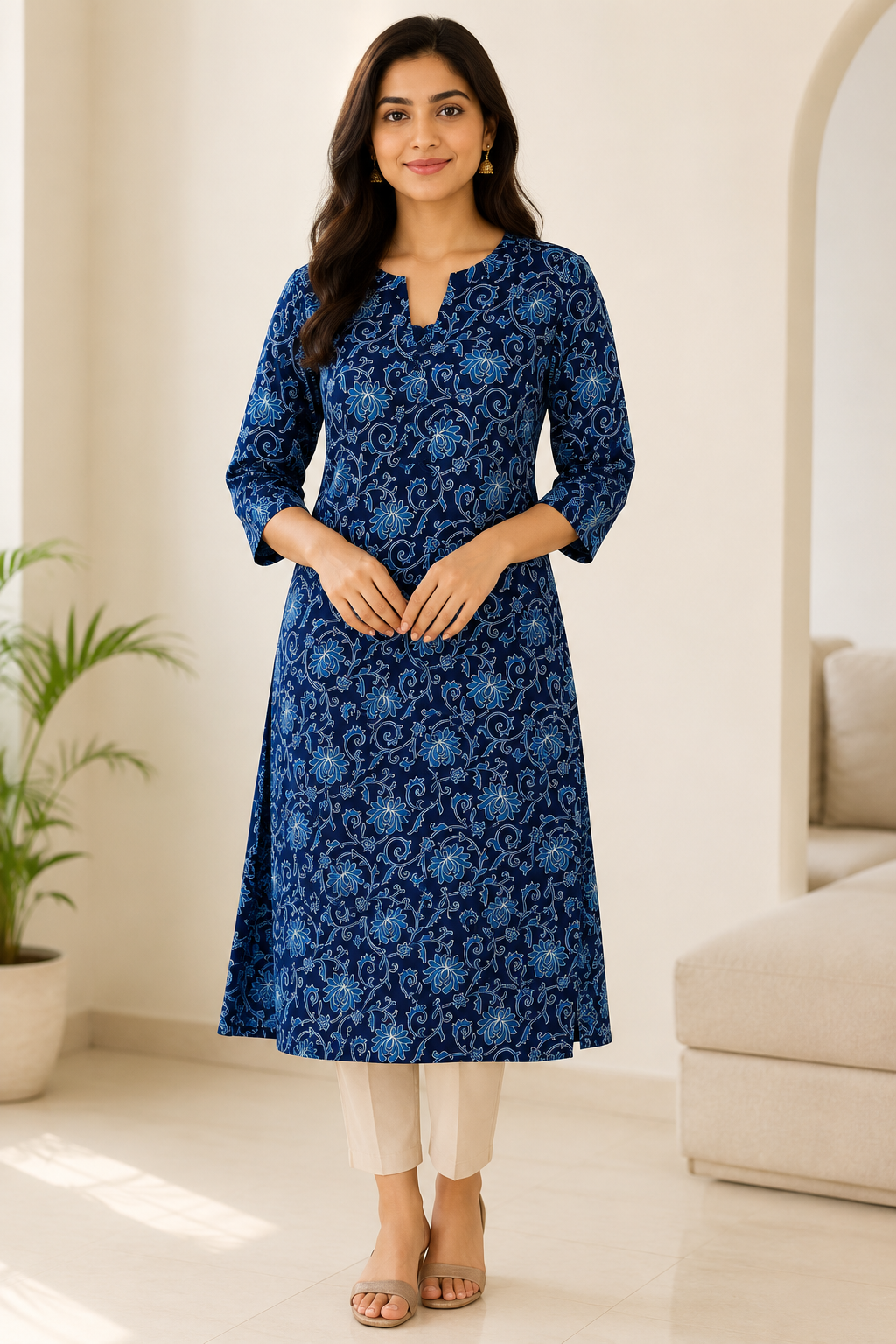 Blue Floral Printed A-Line Kurti
