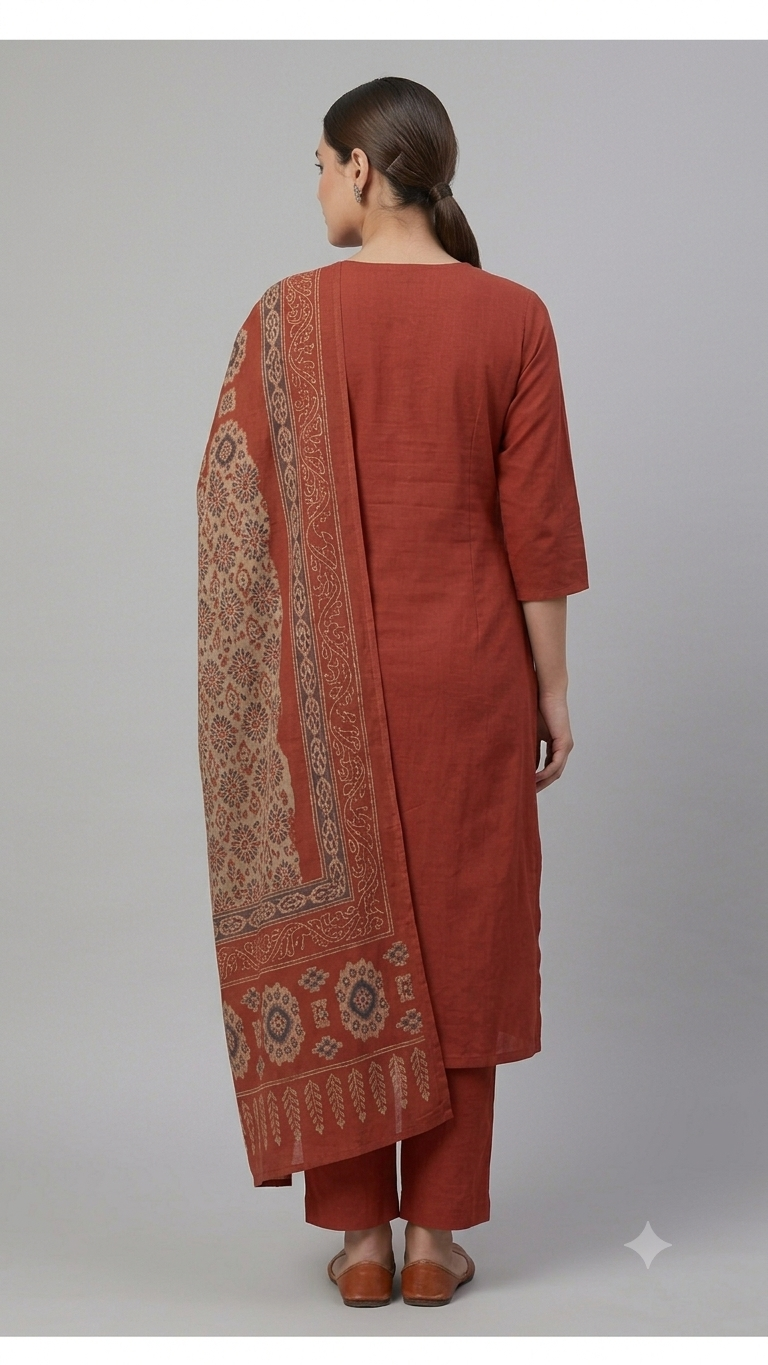 Burnt Terracotta Printed 3-Piece Kurta Set with Dupatta
