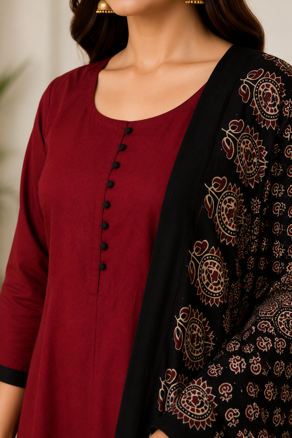 Maroon A-Line Kurta Set with Printed Dupatta