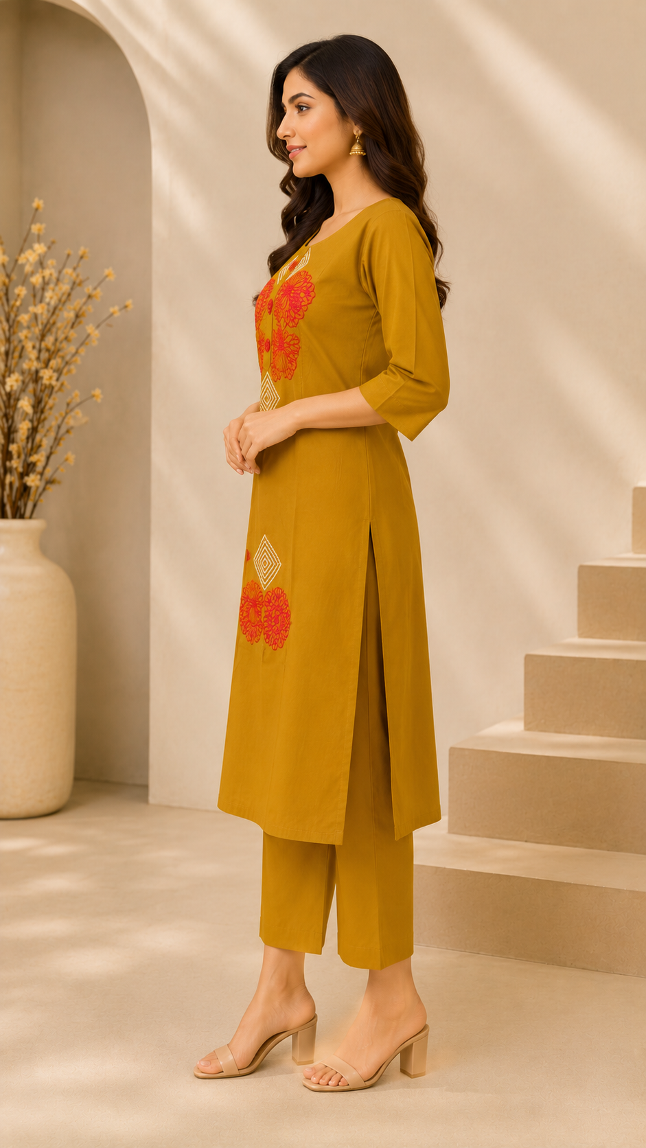 Mustard Floral Embroidered Cotton Co-Ord Set