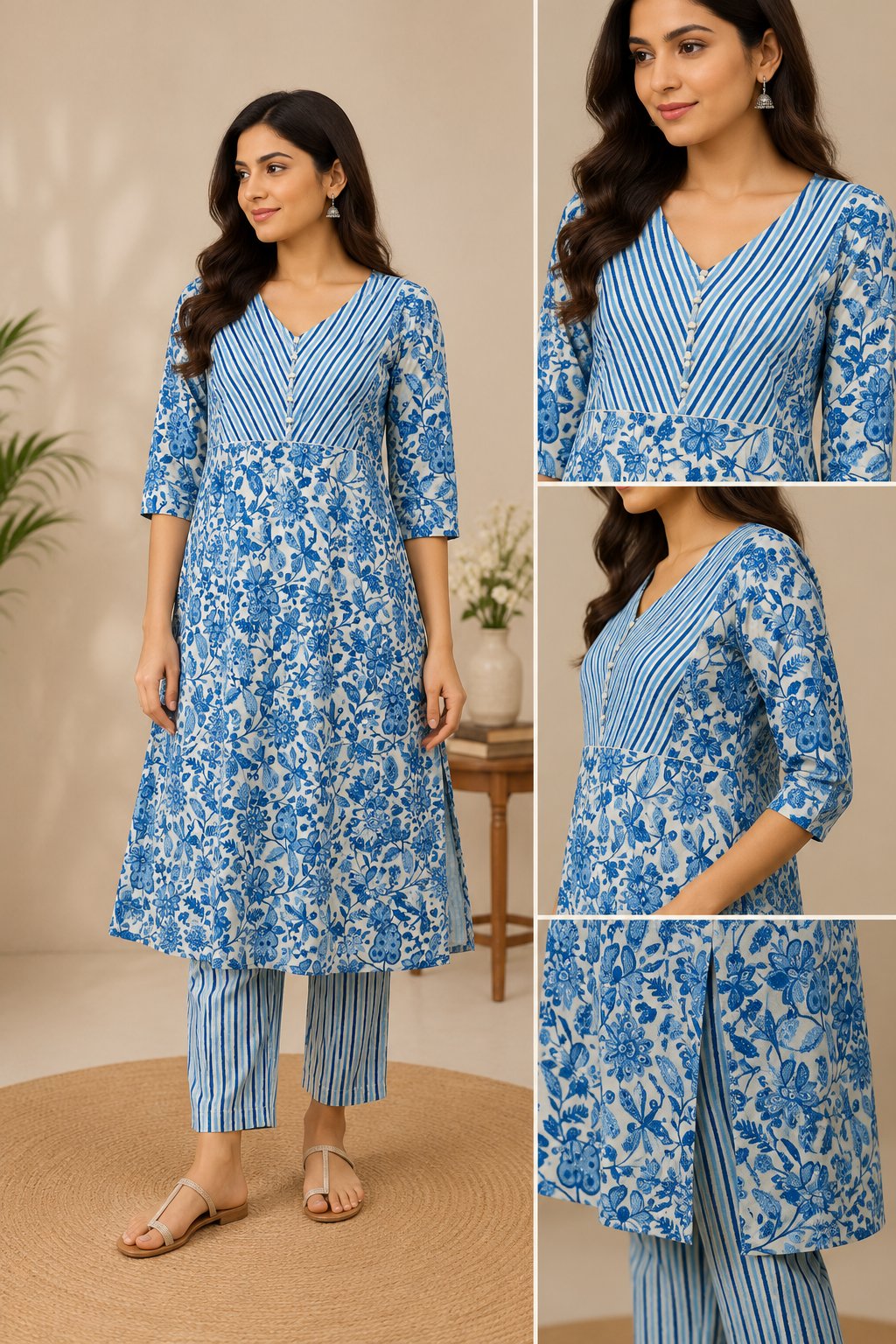 Blue & White Floral Printed Cotton A-Line Kurta with Striped Yoke and Pants Set